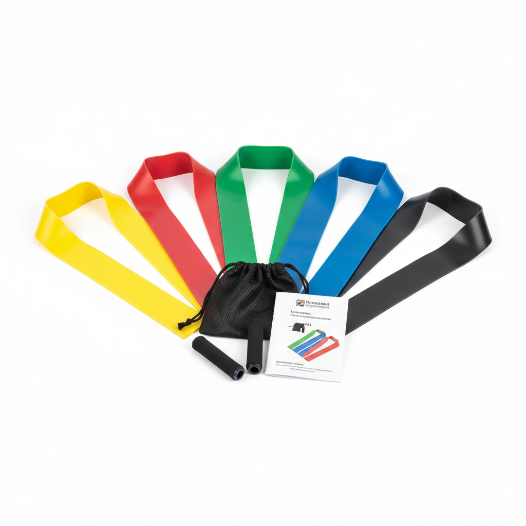 Resistance Band Set - 5 colorful resistance bands on white background