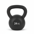 Matte black cast iron kettlebell on white background