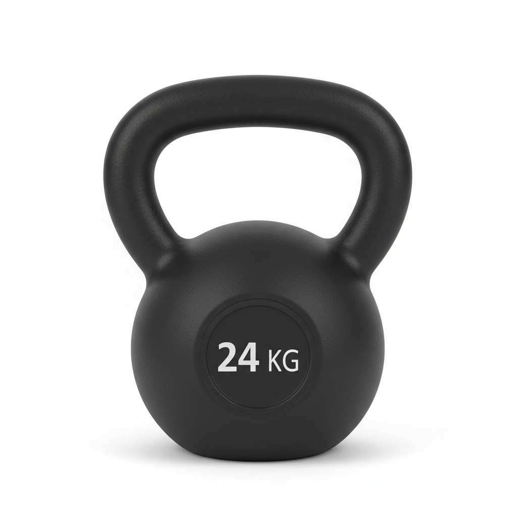 Matte black cast iron kettlebell on white background
