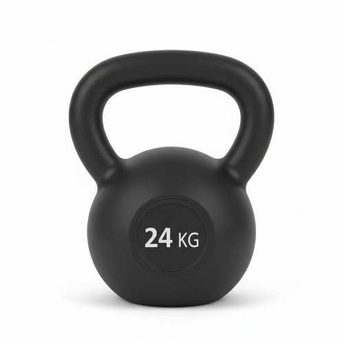 Matte black cast iron kettlebell on white background