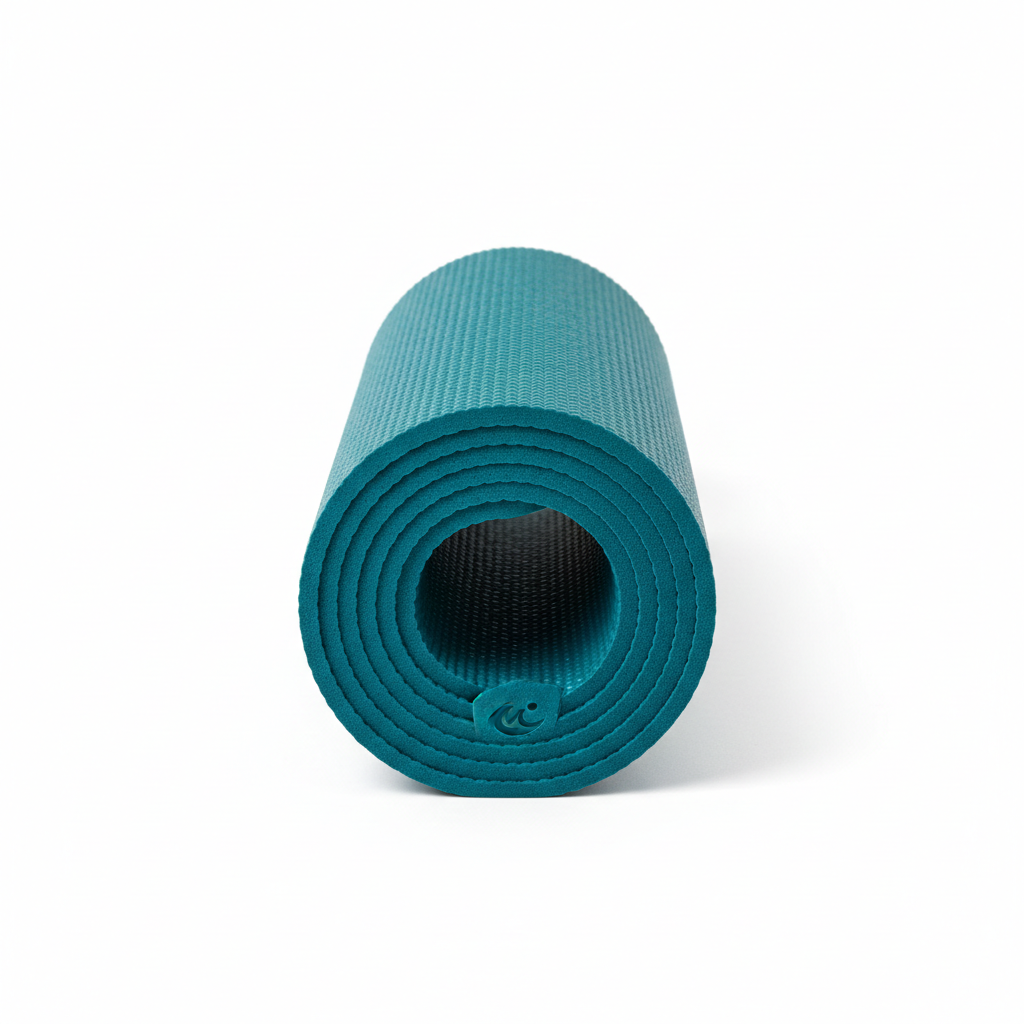 Non-slip teal yoga mat on white background