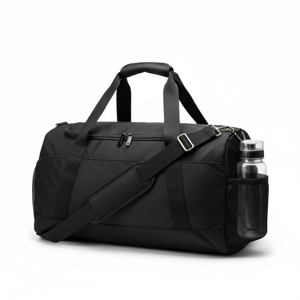 Black gym duffel bag with shoulder strap on white background
