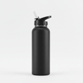 Matte black insulated stainless steel water bottle on white background