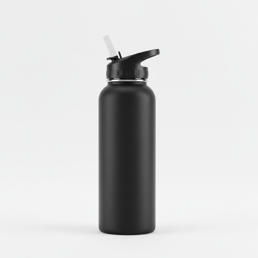 Matte black insulated stainless steel water bottle on white background