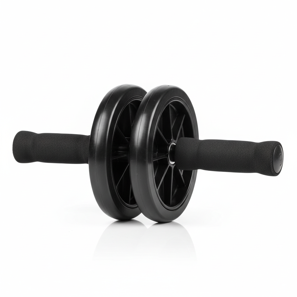 Black ab wheel roller with foam handles on white background
