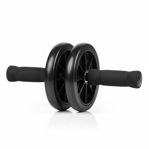 Black ab wheel roller with foam handles on white background